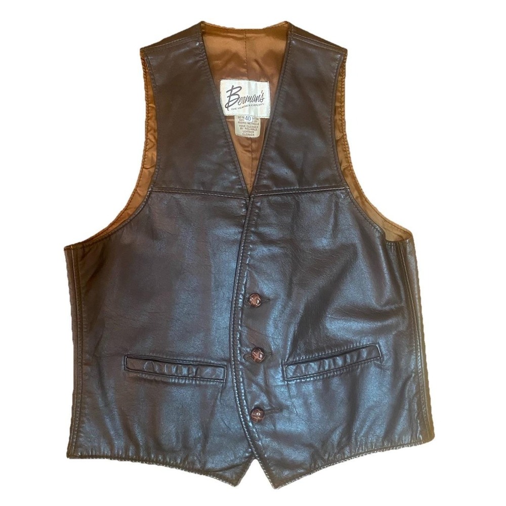 Vintage Berman's Leather  Vest Men's 40‎ Brown Lined Pockets
